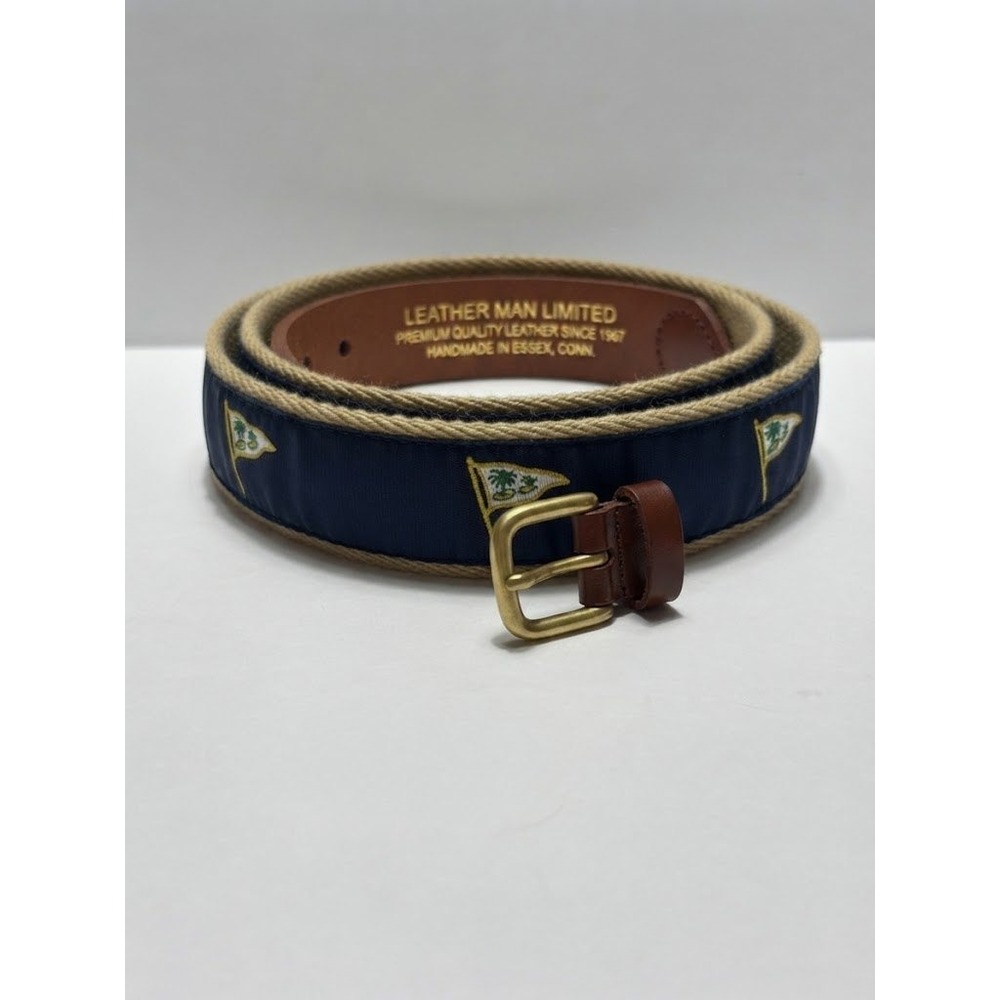 Leather Man Limited Belt 44 Navy Blue Palm Tree Pennant Ribbon Solid Brass
